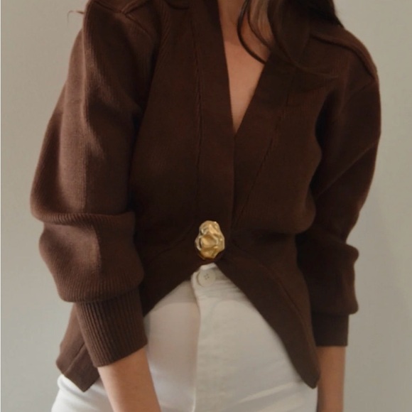 Women's Brown V-Neck Single-Button Knit Cardigan - Picture 10 of 10